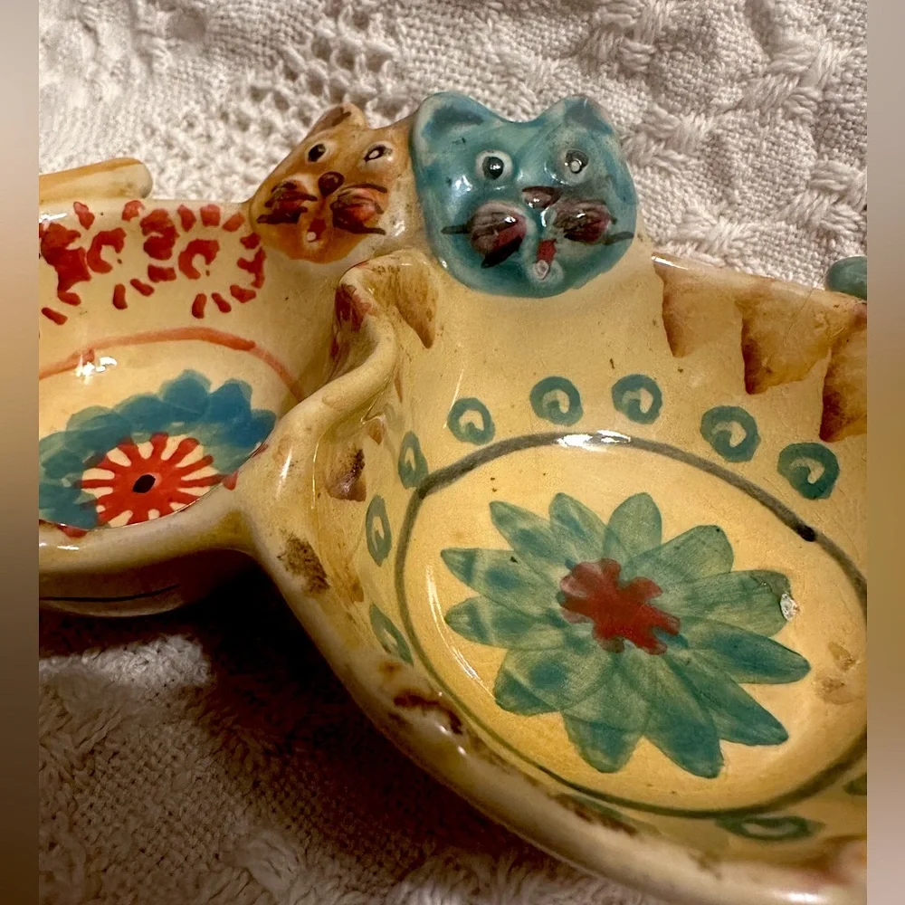 MODIGLIANI VIA CONDOTTI ROMA ITALY CAT DOUBLE BOWL POTTERY DISH NUT RELISH 6